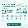 Illustration showing the steps to appeal a denied medical claim, including reviewing the denial, gathering documents, writing and submitting an appeal, tracking timelines, and receiving the result.